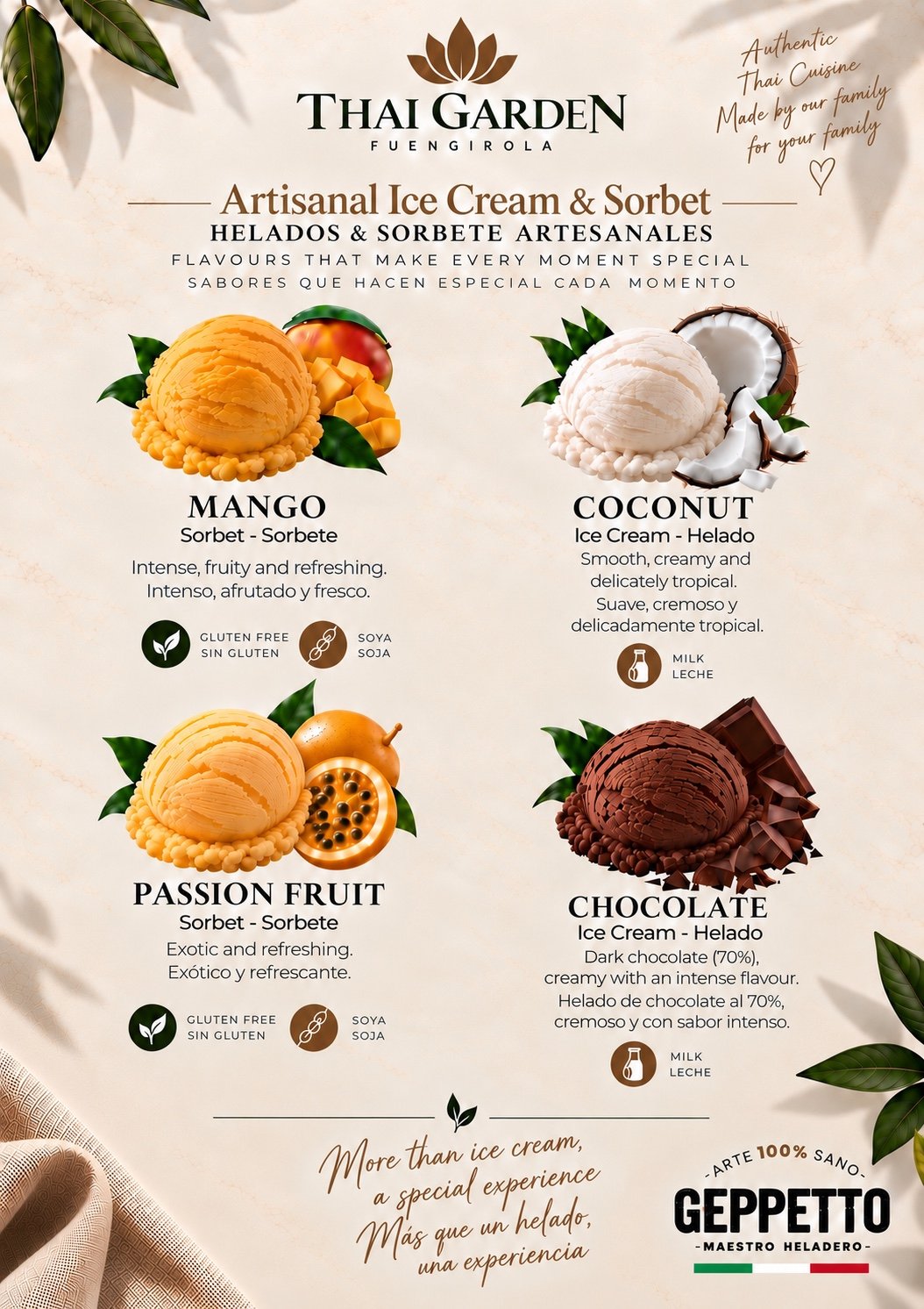 Artisanal ice cream and sorbet flavours, mango, coconut, passion fruit, chocolate, with listed allergens